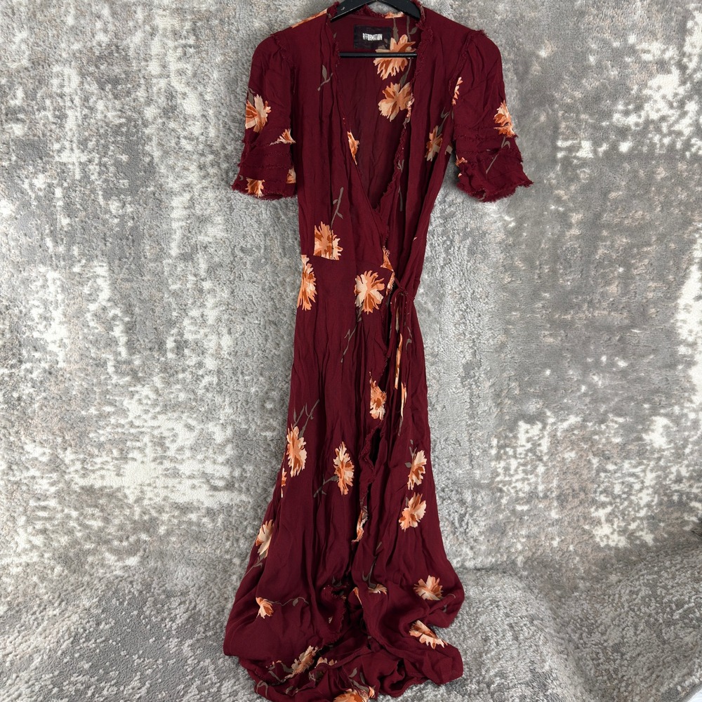 Reformation Size XS Floral Wrap V-Neck Maxi Dress Burgundy Short Sleeve Women
